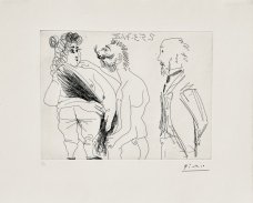 Pablo Picasso, Scène de seduction entre un homme dégéneré et une prostitué avec Degas voyeur