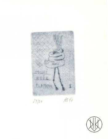 Alžběta Skálová: Modré hoře plamene I, suchá jehla, malý formát, 2014